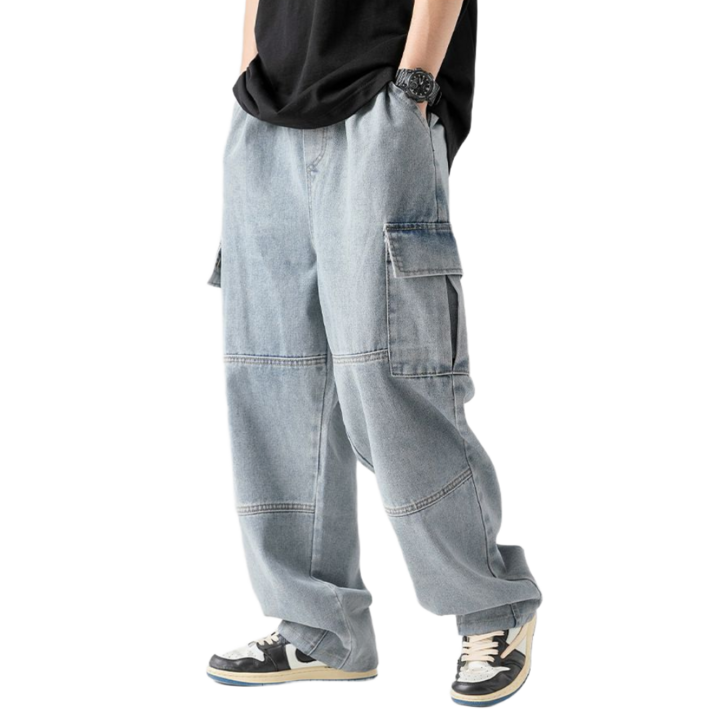 제트디디 남자 복고 입체 세미 와이드 밴딩 카고 데님 팬츠 청바지