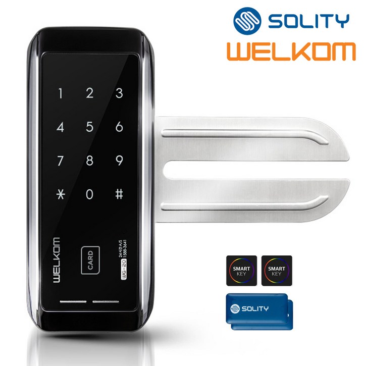 전국설치 솔리티 웰콤 WG20 단문형 카드키4개번호키 강화유리문전용 좌우수문인식키패드자동전환 상시문열림기능 차임벨기능 생활방수 상가 빌라 매장 현관문 디지털도어락 도어록, 웰콤 WG20 단문형무료설치A지역월요일, 방문설치