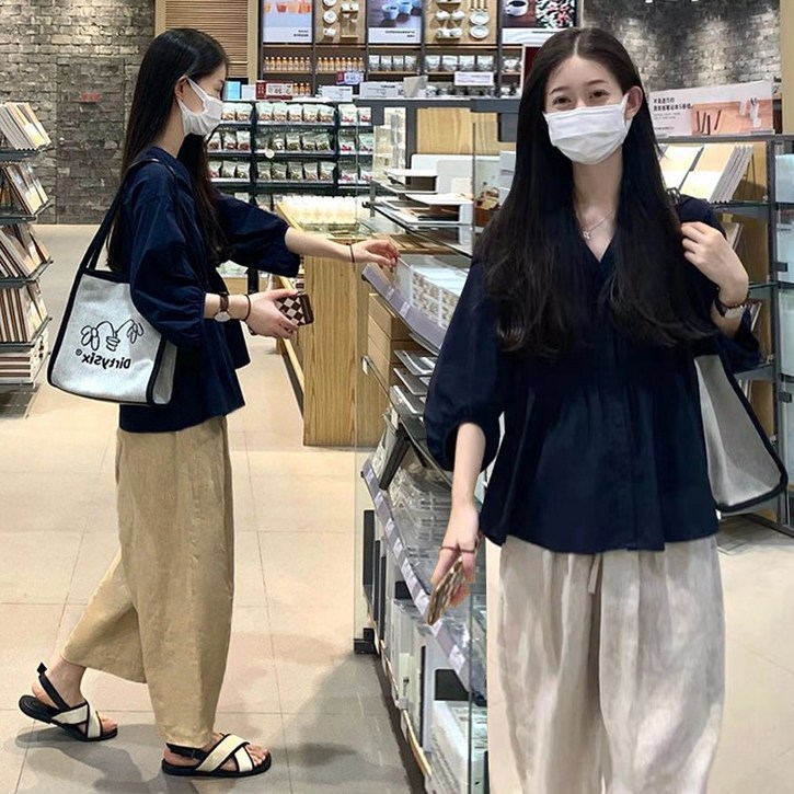 Asure 여성세트 여름셋업 베이직 세트 꾸안꾸 퍼프소매+배기팬츠