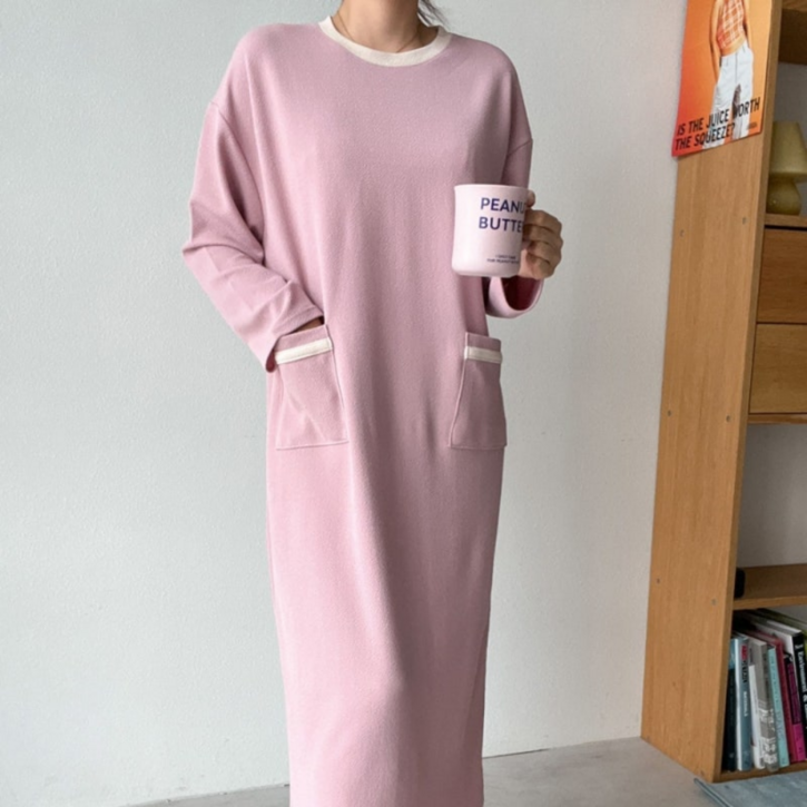 세브리 여성 루즈핏 배색 포켓 롱 원피스