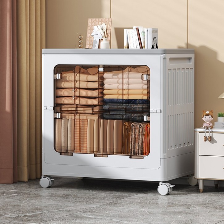 바퀴 달린 대용량 접이식 수납함 가정용 거실 침실 장난감 수납 이불 수납 옷 수납 대용량 접이식 수납함, 1개, 흰색