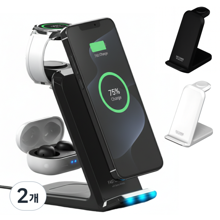 로시오 23W 고속 3in1 무선충전기 갤럭시워치 전용 스마트폰 버즈 동시충전 거치대 1+1, 2개, 화이트