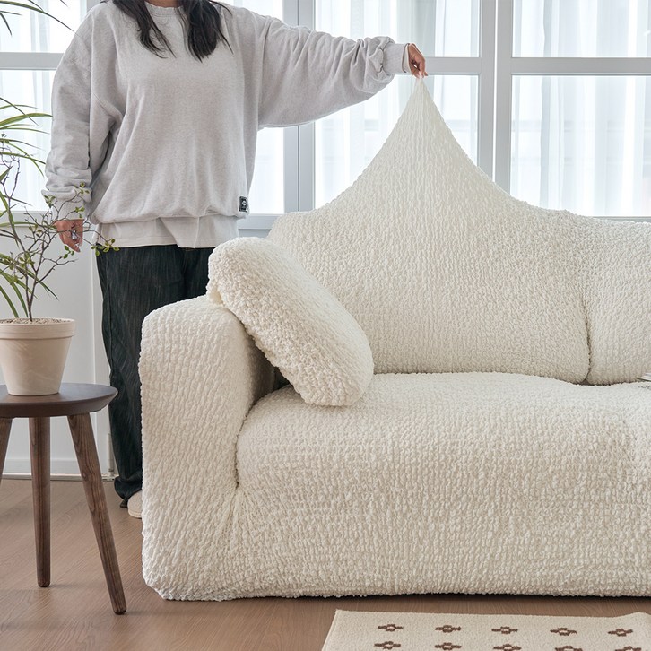 베베데코 고탄력 만능 스판 올핏 뱀부 쇼파커버 덮개, 크림화이트, 1개