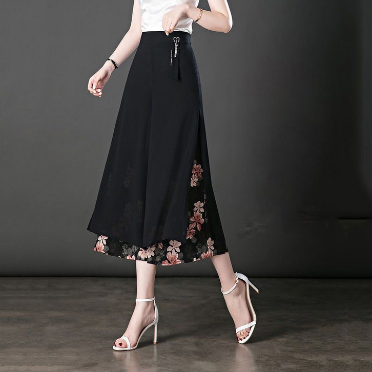 AOKADA 중년 여성 쉬폰 롱 치마바지 여름 레이어드 플라워 여름 팬츠