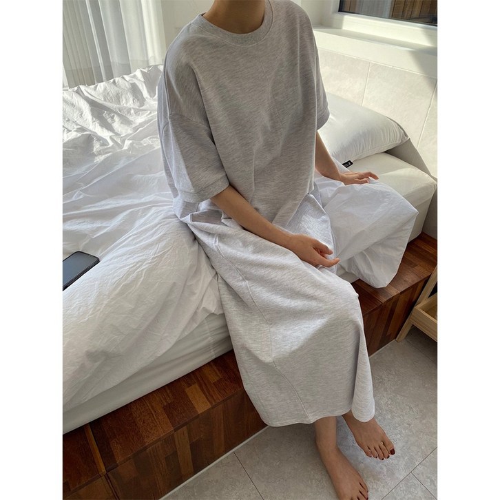 미니쭈리 면 트임 반팔 롱 원피스