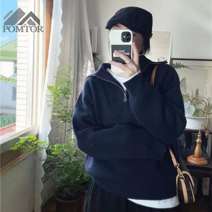 POMTOR 여성용 데일리룩 베이직 루즈핏 반집업 긴팔 니트 터틀넥 니트