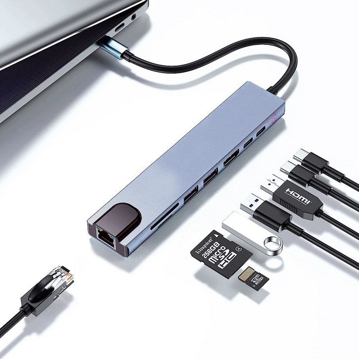 아모란나 C타입 8in1 멀티허브 8포트 USB3.0 이더넷 (USB*2 타입C*2 이더넷 HDMI SD), 혼합색상