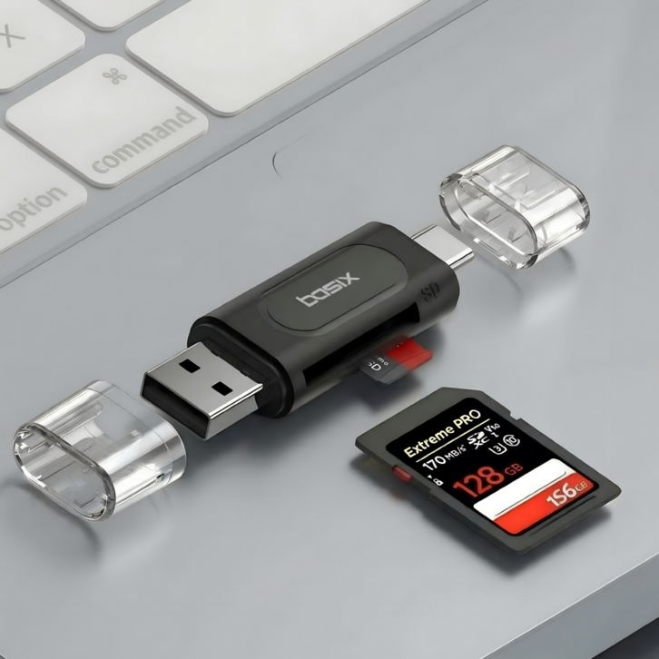 베이식스 SD카드리더기 USB CA타입 멀티리더 아이폰 갤럭시 노트북 OTG 지원, 1개, 블랙, sd카드리더기