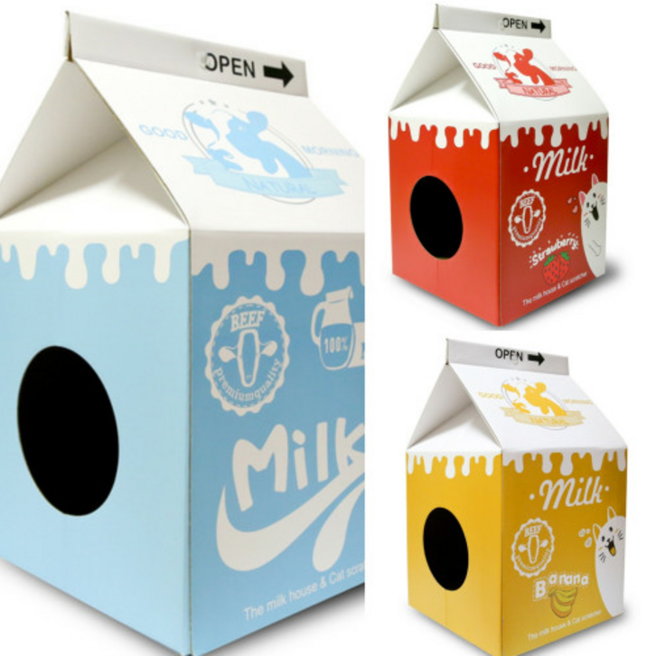 테비 우유팩 숨숨집 밀크하우스 고양이장남감 박스집만들기 스크래쳐 고양이용품, 딸기우유
