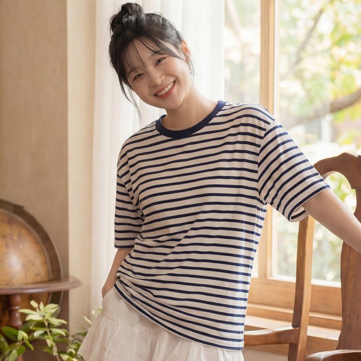 라뷰드 여성 라운드넥 줄무늬 반팔 티셔츠 봄가을 여름 데일리 스트라이프 상의 기본 심플 루즈핏 오버핏 단가라 반팔티