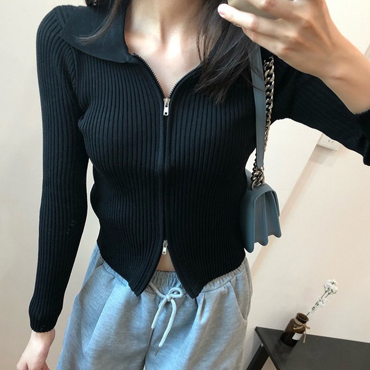 후암마켓 여성용 슬림핏 카라 투웨이 집업 골지 니트 가디건