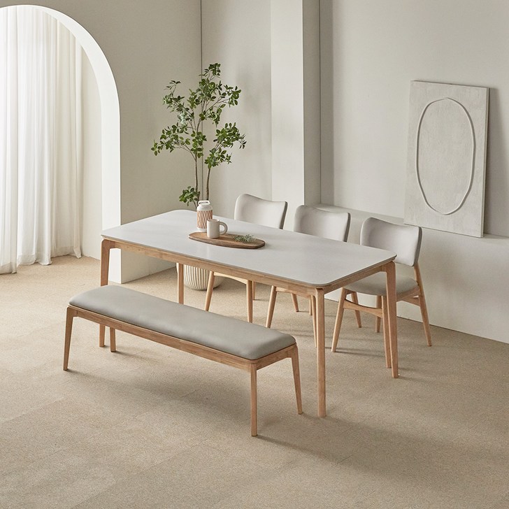파로마 리샤르 세라믹 원목식탁 1800 6인용  A리샤르 의자 3p  벤치 세트 방문설치, 화이트상판  내추럴원목, 일반 3  벤치 1