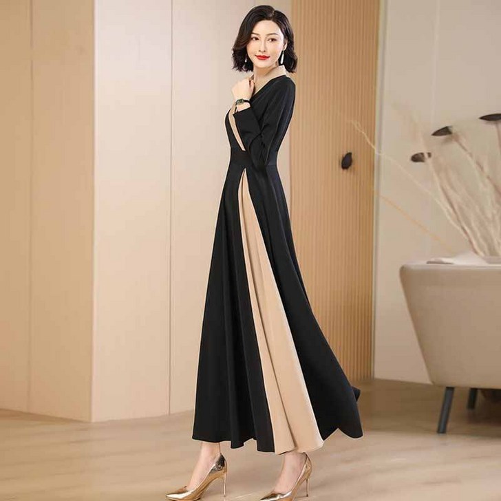 AOKADA 여성 배색 카라 오피스룩 결혼식 하객룩 정장 a라인 플레어 롱 원피스