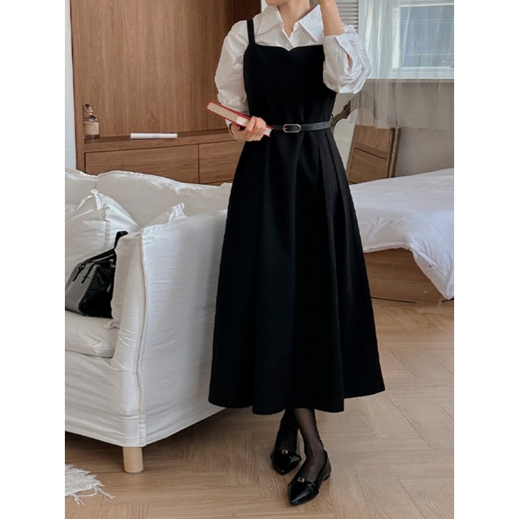 리리앤코 제르베닌 피치기모 절개 핀턱 벨트세트 롱 뷔스티에 원피스