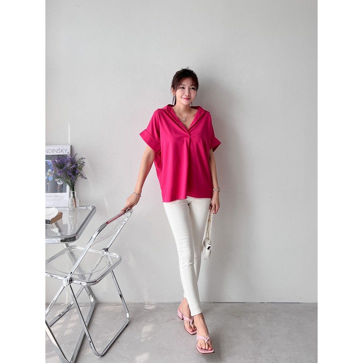 카라한 여성 여름 패션 루즈핏 브이넥 카라 데일리 셔츠 블라우스