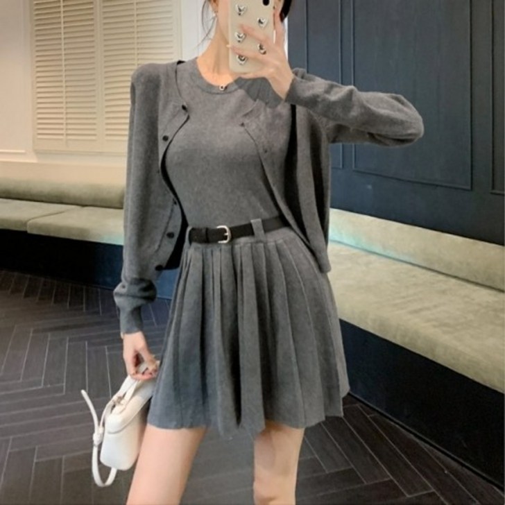 니트 가디건  플리츠 나시 원피스 세트  여성 크롭가디건 미니원피스