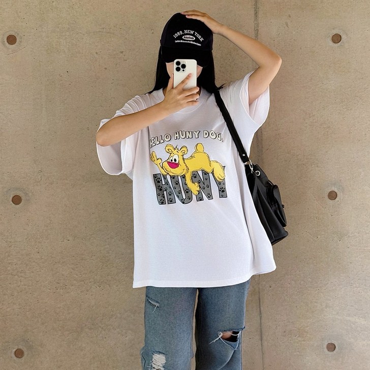 에스티오 허니독 오버핏반팔티셔츠 박스티 루즈빗 반팔티셔츠