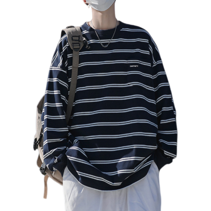 Makone 남성 티셔츠 스트라이프 박시핏 긴소매 캐주얼 면 상의 맨투맨