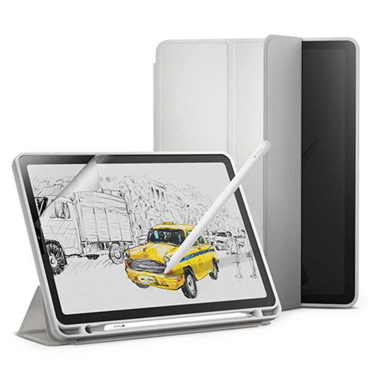 신지모루 스마트커버 애플펜슬 수납 태블릿PC 케이스 + 종이질감 액정보호 필름 세트, 웜 그레이 20230803