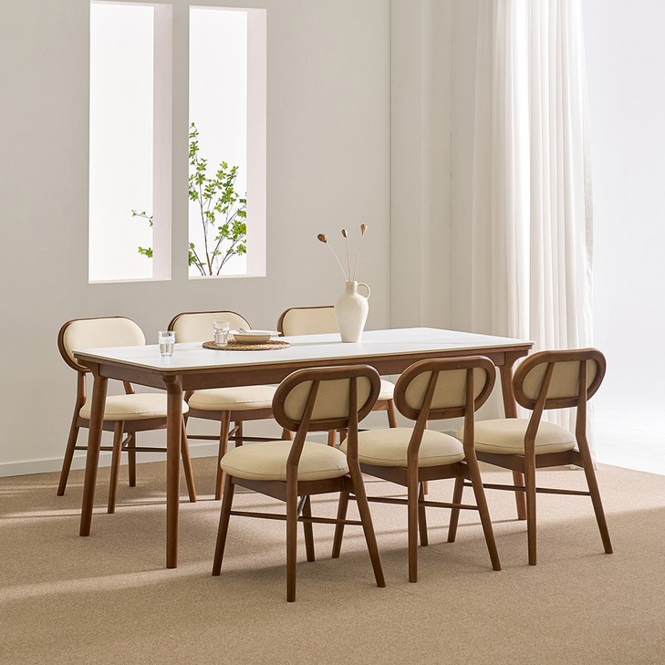루시드퍼니처 로라 세라믹 원목 식탁세트 6인용 방문설치, 무광비앙코화이트   베이지  월넛, 일반의자 6