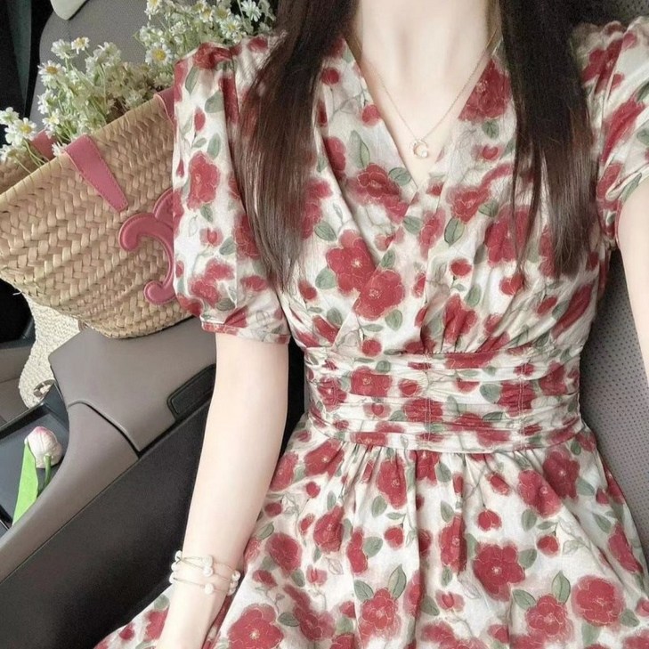 VIISHOW 여성용 봄여름 퍼프소매 플라워 브이넥 롱 원피스 VIISHOW 여성용 봄여름 퍼프소매 플라워 브이넥 롱 원피스