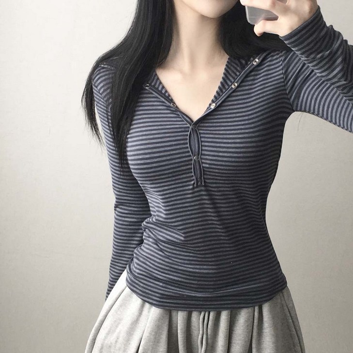 핏예쁨주의 스트라이프 후드 슬림핏 긴팔티