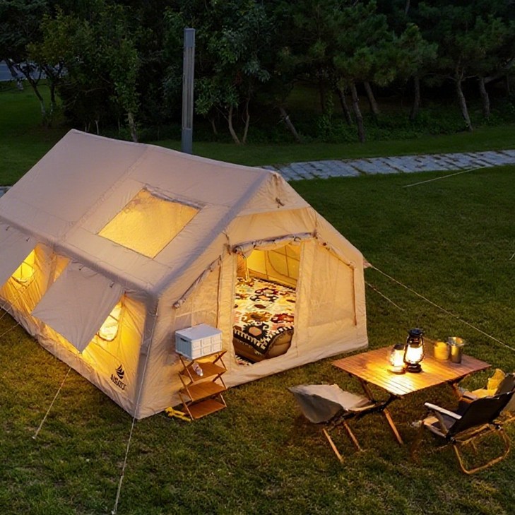 아이순스 에어텐트 천창모델 옥스퍼드 재질 캠핑텐트 풀세트 리빙쉘텐 에어텐트 56인용, 베이지 17.2