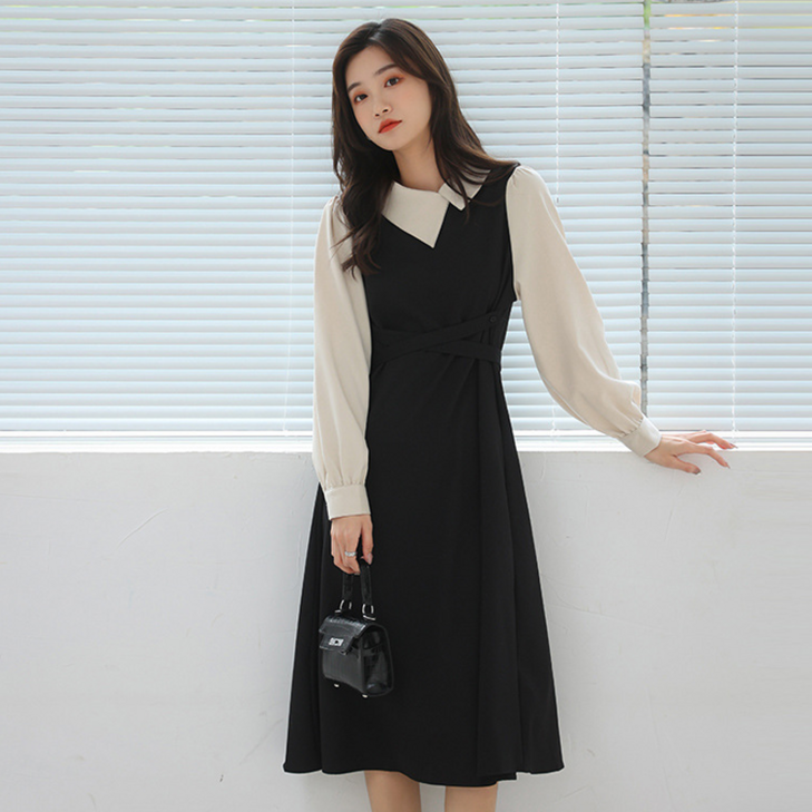 NUNUHANA 여성 벨트 레이어드 롱원피스 데일리 오피스룩