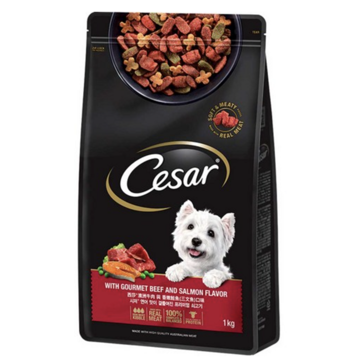 시저 어덜트 소 애견용 연어맛이 곁들여진 최상급 쇠고기 사료, 1kg, 1개 시저 어덜트 소 애견용 연어맛이 곁들여진 최상급 쇠고기 사료, 1kg, 1개