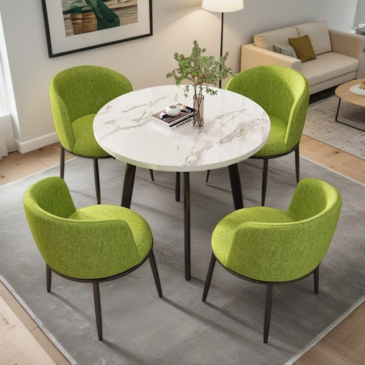 소형공간 접대용 원형 식탁세트 4인용식탁 휴식용 카페테이블 티테이블세트, 일반의자 4, 그린 패브릭블랙 다리900mm