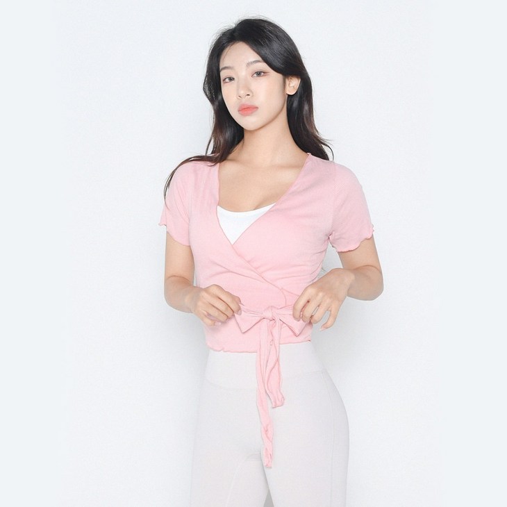 뮤즈마인 블러 리본 랩 가디건  3COLOR 커버업 데일리 여리핏 크롭 반팔 요가복 필라테스 상의 헬스복 발레코어 골지 리본 여자운동복
