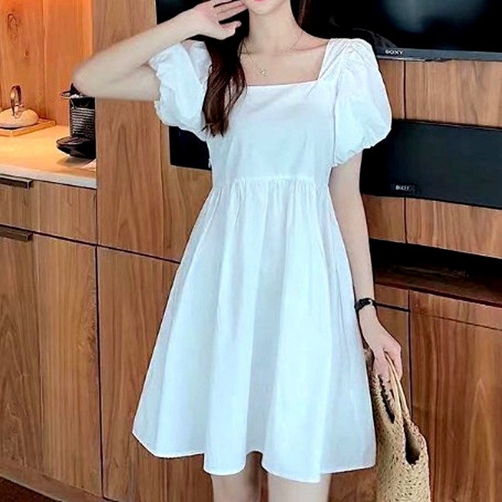 UEARTH 반팔 스퀘어넥 벌룬 소매 루즈핏 미니 원피스