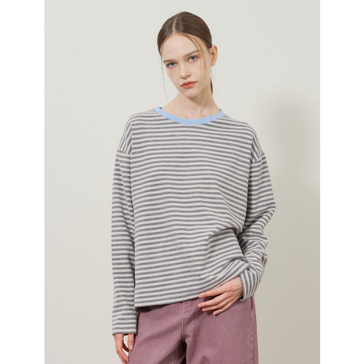 라운드넥 배색 스트라이프 기모 긴팔 티셔츠 BX4TS005L0