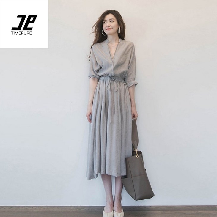 봄 가을 모던 원피스 여 고급 허리 조임 루즈핏 날씬해 보이는 기질 린넨 스커트 개량 일상복 나들이룩 긴발 원피스