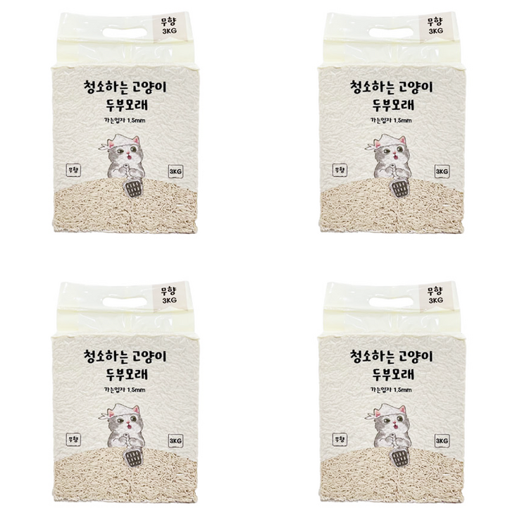 청소하는 고양이 두부모래 가는입자 1.5mm, 오리지널 무향, 4개, 3kg 청소하는 고양이 두부모래 가는입자 1.5mm, 오리지널 무향, 4개, 3kg