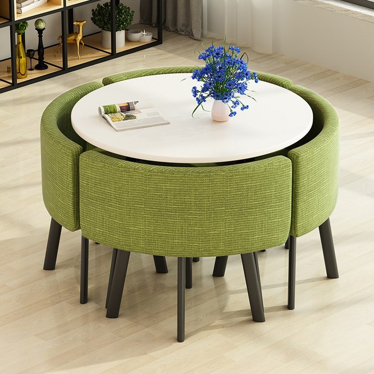 4인용 원형 올인원 테이블 의자 세트 카페 공간활용, 에메랄드 그린 패브릭 테이블