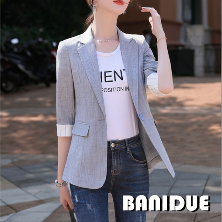 [바니드] 여성 슬림라인 여름자켓 얇은 정장재킷 유럽스타일 캐주얼룩 0943 - 쇼핑앤샵