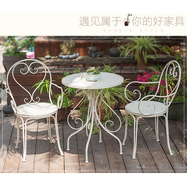 야외 철제 테이블 의자 세트 엔틱 정원 카페 베란다 빈티지 마당 티테이블 EA, 크림색3종세트