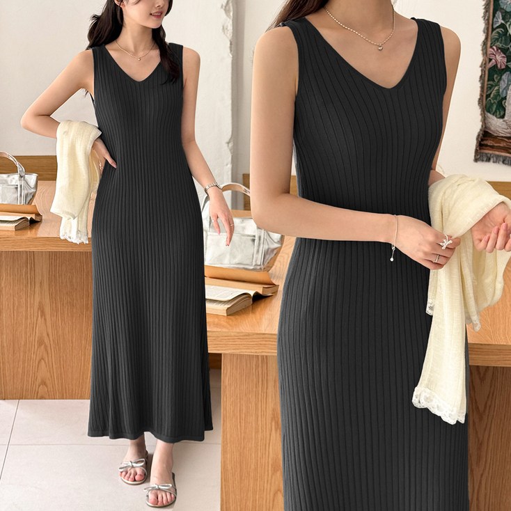 데일리앤 스완 차르르 쿨링 여름 니트 나시 원피스 브이넥 골지 이너 민소매 휴양지 롱원피스