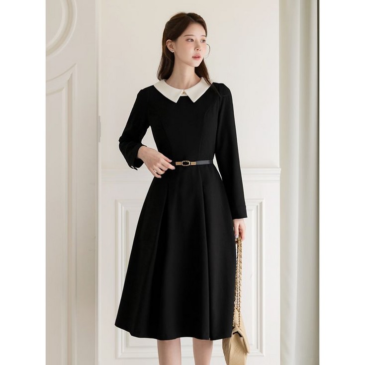 시크라인XXL까지 에이델라 배색 플랫카라 퍼프소매 플레어 원피스 가을 하객룩 오피스룩 모임룩 격식룩 빅사이즈