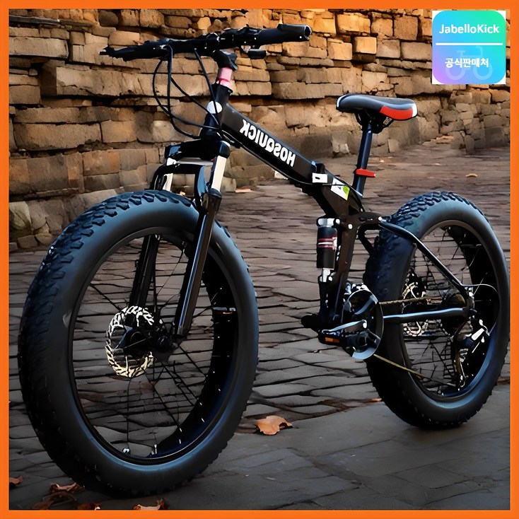 miraemoa 접이식 MTB 산악 자전거 광폭 타이어 팻바이크 펫바이크 바뀌 두꺼운 오프로드, 블랙, 1개