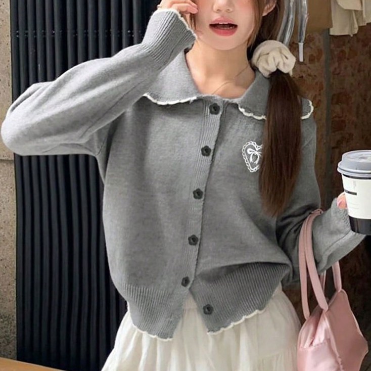 여성 니트 봄 가을 리본 카라가디건 DH3M00793