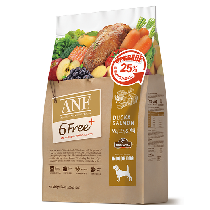 ANF 전연령용 인도어 독 식스프리플러스 건식사료, 연어오리, 5.6kg, 1개