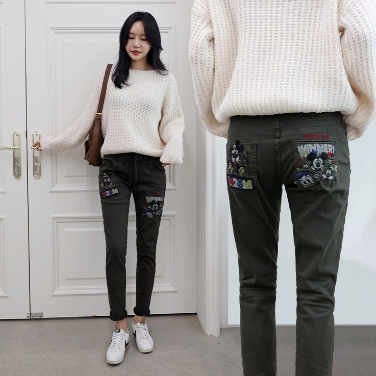 디즈니 여성용 따뜻한 겨울 가먼트워싱 면바지 편안한 넓은 밴딩 스판팬츠 winter cotton pants