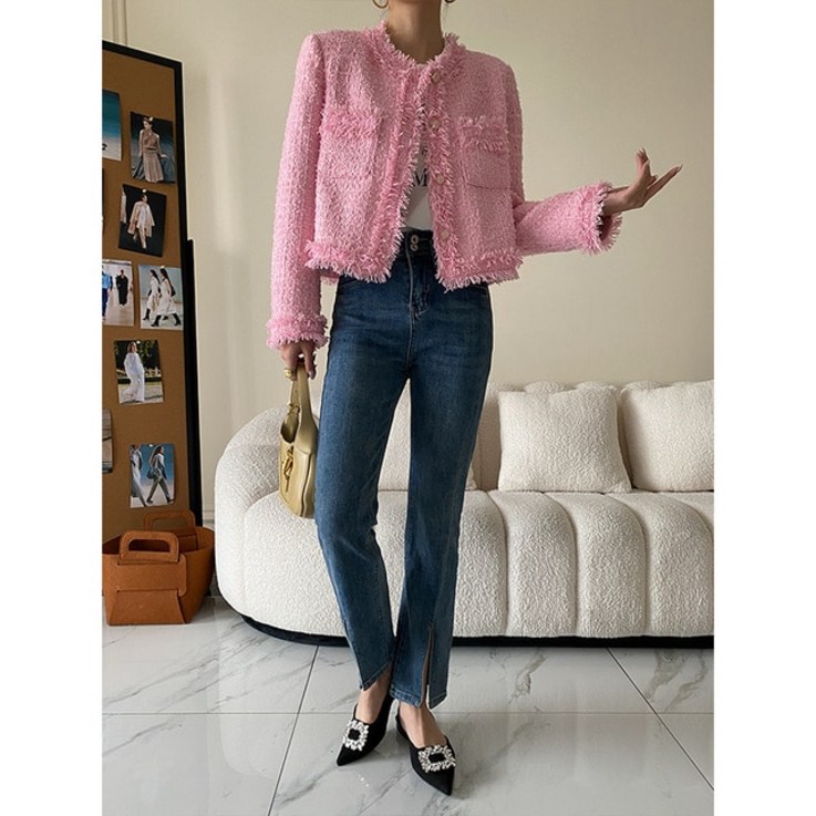핑크 프린지 모피 숄더 패드 트위드 자켓 블레이저 크롭 코트 여성용 2023 봄