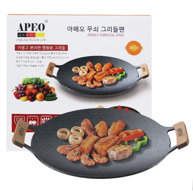 아페오 캠핑 무쇠 그리들팬 IH 인덕션 겸용 전용가방우드손잡이, 39cm, 1개 아페오 캠핑 무쇠 그리들팬 IH 인덕션 겸용 전용가방우드손잡이, 39cm, 1개