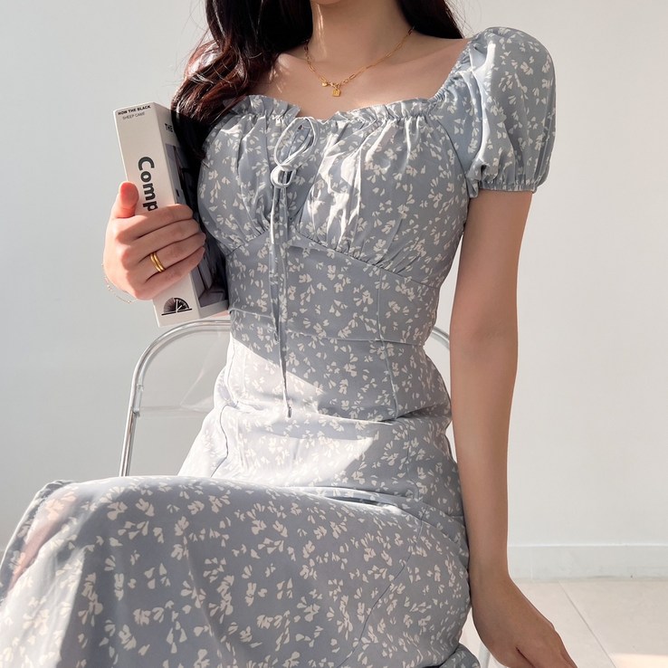 투디 투웨이 밴딩 퍼프 반팔 리본 플라워 롱원피스, 3컬러 투디 투웨이 밴딩 퍼프 반팔 리본 플라워 롱원피스, 3컬러