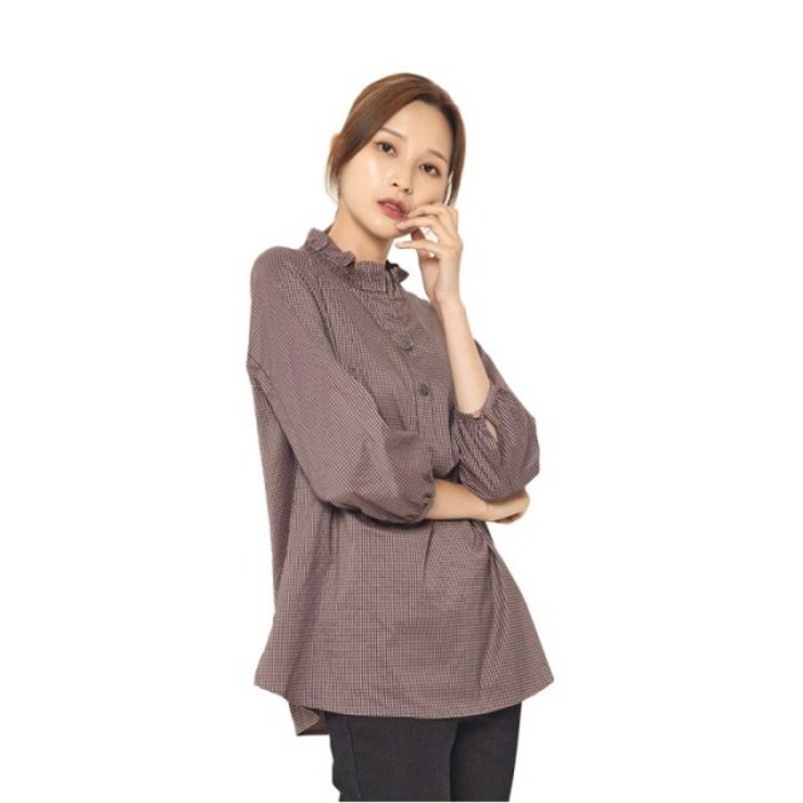 크로커다일레이디 잔체크 넥프릴 블라우스CLCFBL103