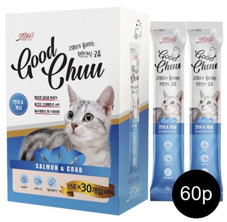 굿츄 6가지맛혼합 15g x 60개 착한간식 짜먹는 고양이간식, 60개, 15g, 연어,게살