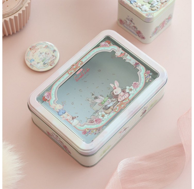 철제 틴케이스 소품함 토끼 일러스트 투명 사각 캐릭터 선물 포장 틴박스 수납함 보석함 종이백 종이가방, 02  케이크토끼, 1개
